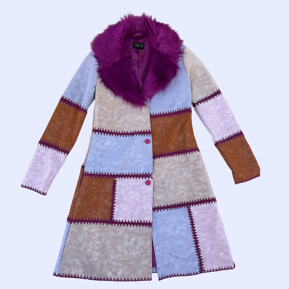 dELiA*s Multicolor Patchwork Jacket with Purple Faux Fur Collar